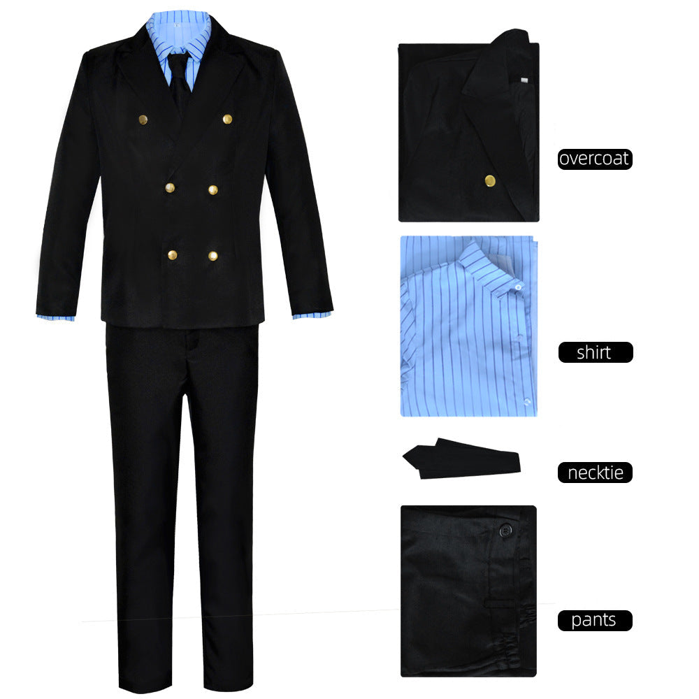 Black formal suit with shirt, tie, and pants on a white background