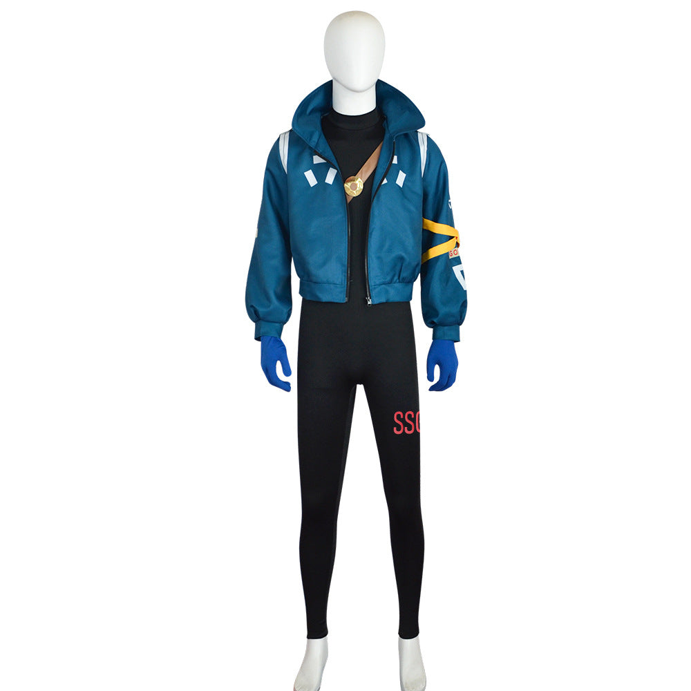 Mannequin wearing a blue jacket, black pants with 'SSS' logo, and blue gloves on a white background