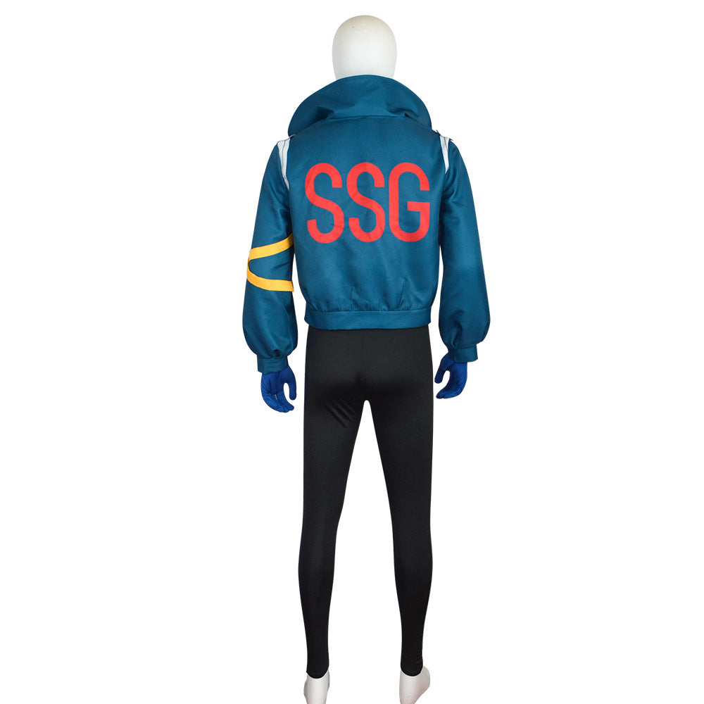 Mannequin wearing a blue jacket with 'SSG' on the back against a white background