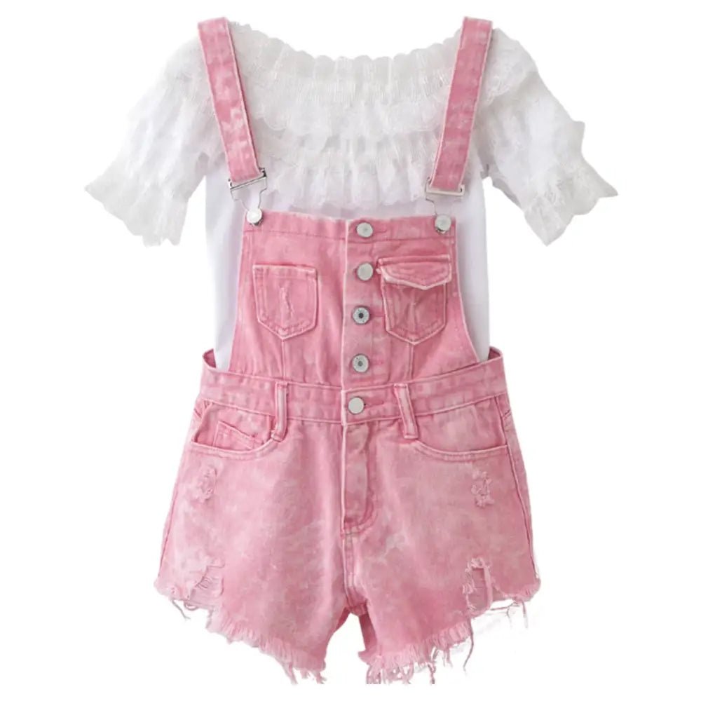 Acid Wash Distressed Dungarees with Size Chart for Pastel Pink Fashion - Cosparty