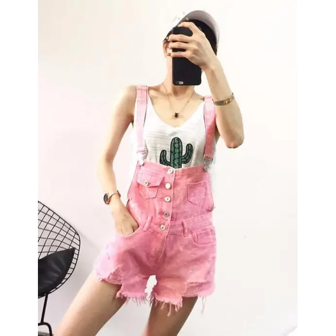 Acid Wash Distressed Dungarees with Size Chart for Pastel Pink Fashion - Shirt