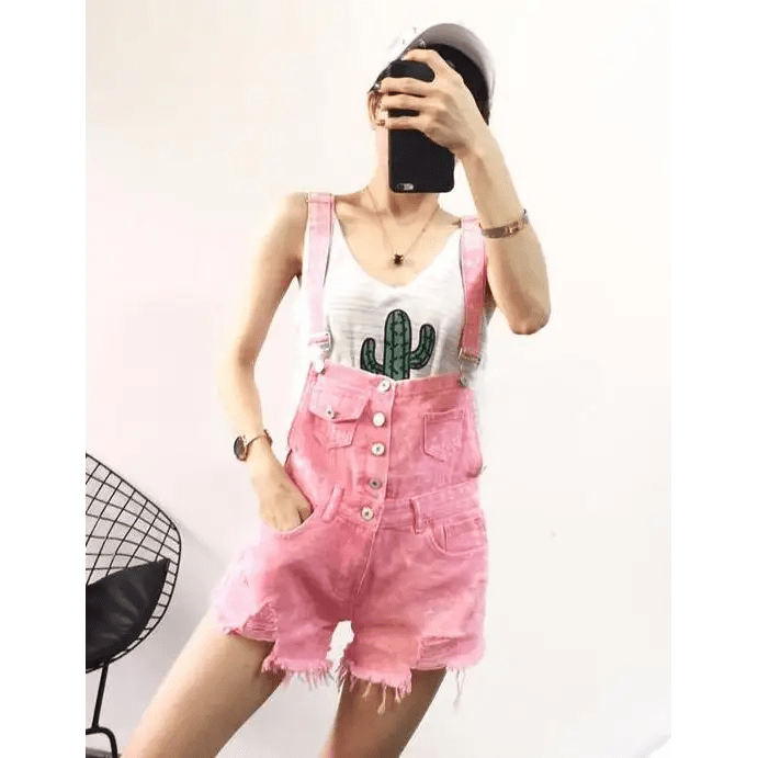 Acid Wash Distressed Dungarees with Size Chart for Pastel Pink Fashion - Cosparty