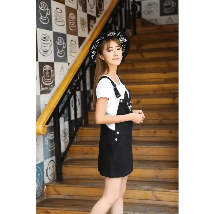 Adorable Black Jean Romper with Neko Cat Face Design - Cosparty