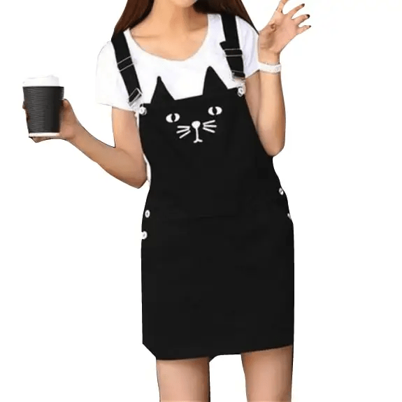 Adorable Black Jean Romper with Neko Cat Face Design - Cosparty