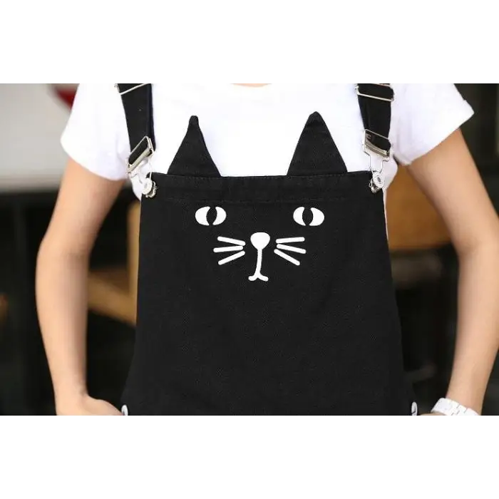 Adorable Black Jean Romper with Neko Cat Face Design - Dress