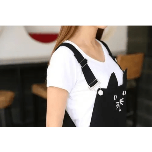 Adorable Black Jean Romper with Neko Cat Face Design - Cosparty