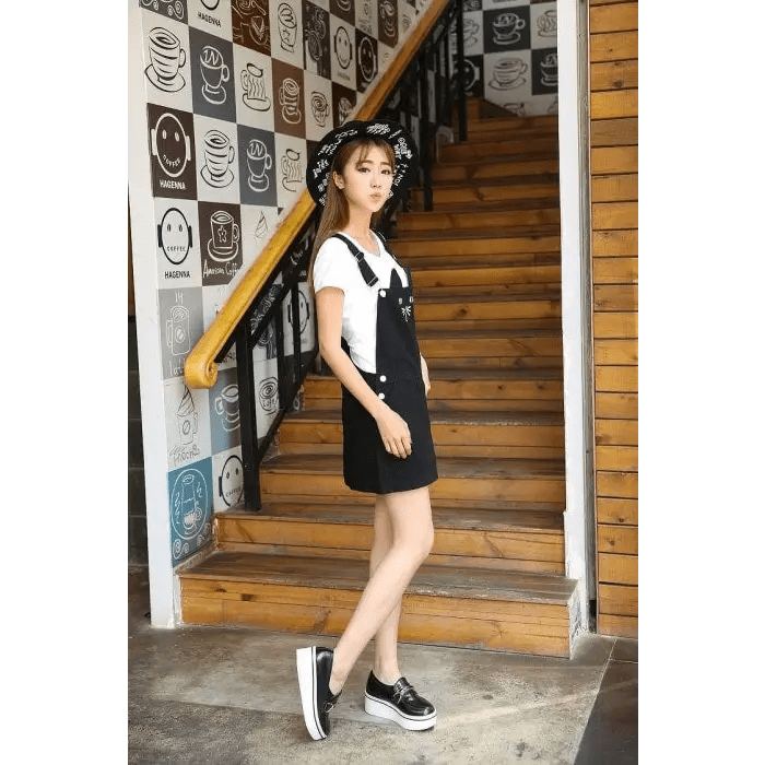 Adorable Black Jean Romper with Neko Cat Face Design - Cosparty