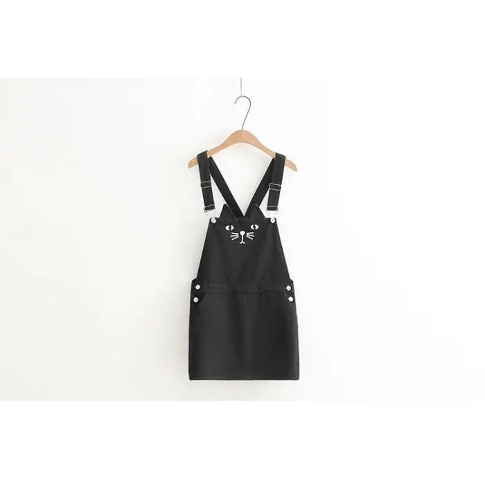 Adorable Black Jean Romper with Neko Cat Face Design - Dress