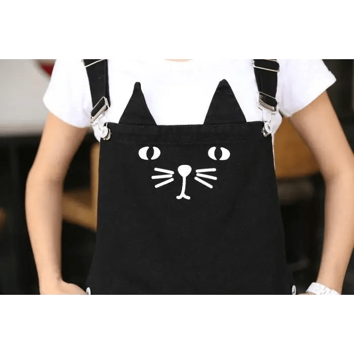 Adorable Black Jean Romper with Neko Cat Face Design - Cosparty