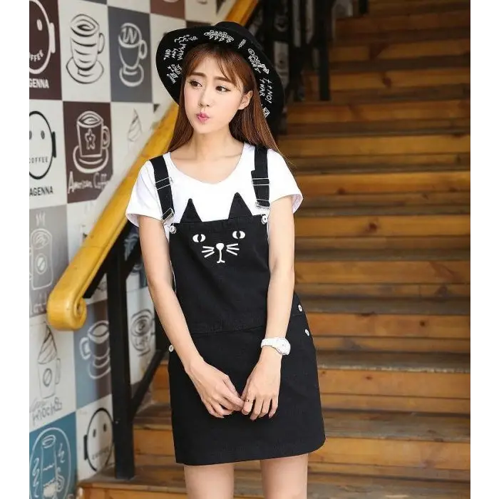 Black Neko Cat Suspender Dress Denim Jean Romper Jumper Overalls Coveralls Kawaii Harajuku Fashion Plus Size