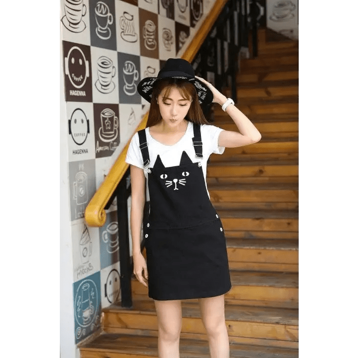 Adorable Black Jean Romper with Neko Cat Face Design - Cosparty