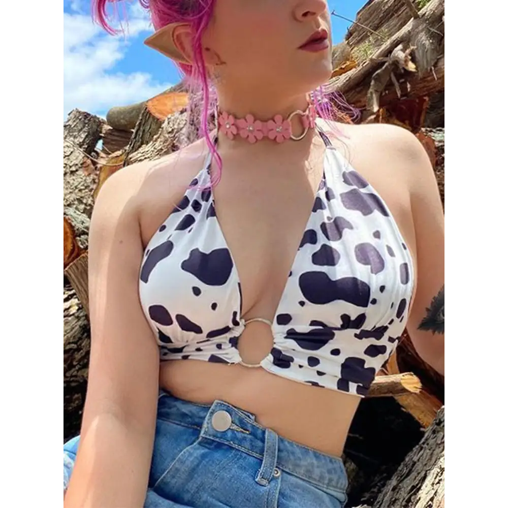 Adorable Cow Print Crop Top with O Ring Design - shirt