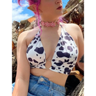 Adorable Cow Print Crop Top with O Ring Design - shirt