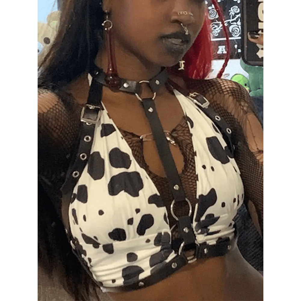 Adorable Cow Print Crop Top with O Ring Design - Cosparty