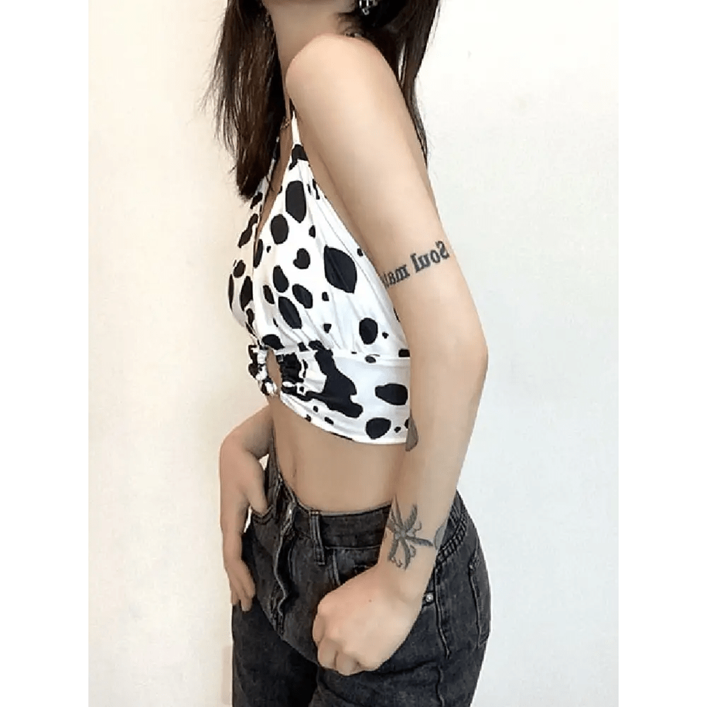 Adorable Cow Print Crop Top with O Ring Design - Cosparty