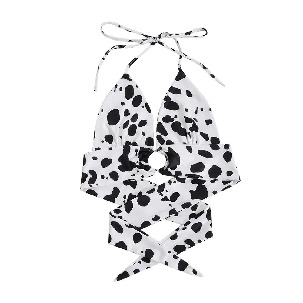 Adorable Cow Print Crop Top with O Ring Design - Cosparty