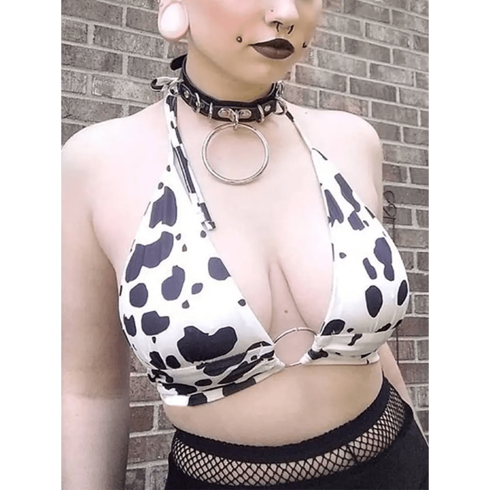 Adorable Cow Print Crop Top with O Ring Design - Cosparty
