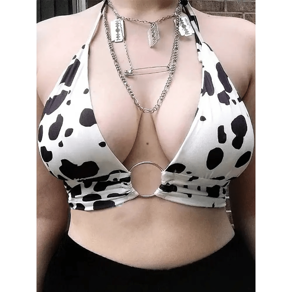 Adorable Cow Print Crop Top with O Ring Design - Cosparty