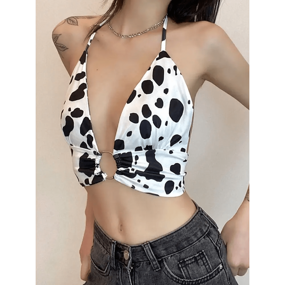 Adorable Cow Print Crop Top with O Ring Design - Cosparty