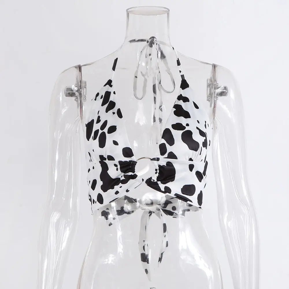 Adorable Cow Print Crop Top with O Ring Design - Cosparty