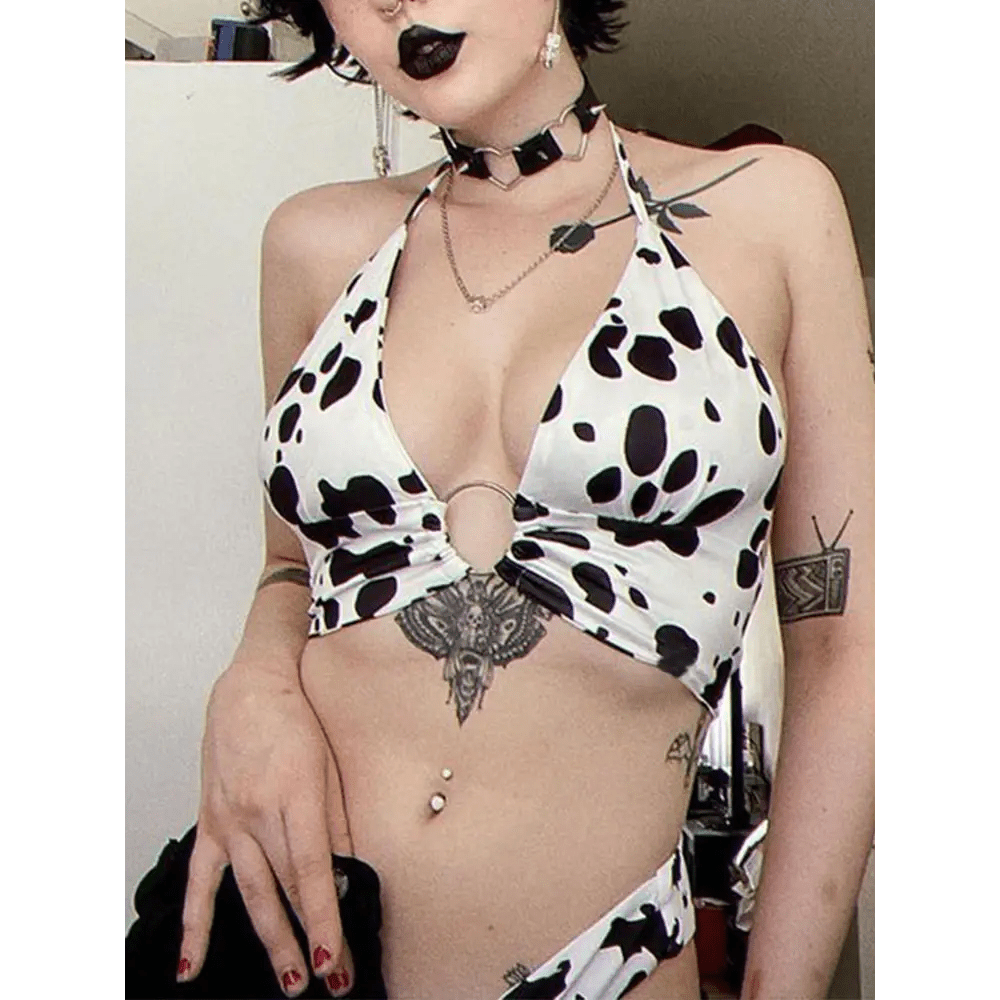 Adorable Cow Print Crop Top with O Ring Design - Cosparty