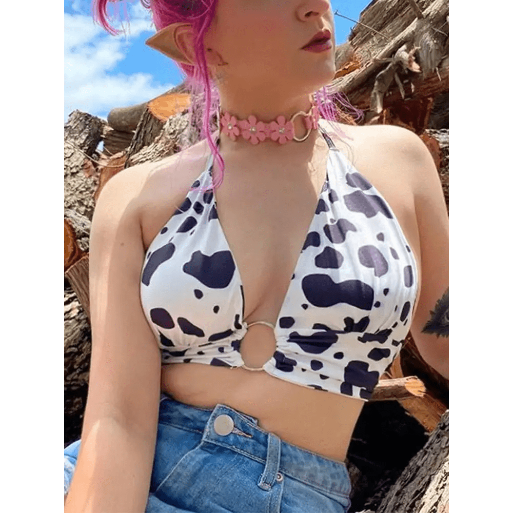 Adorable Cow Print Crop Top with O Ring Design - Cosparty