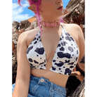 Adorable Cow Print Crop Top with O Ring Design - Cosparty