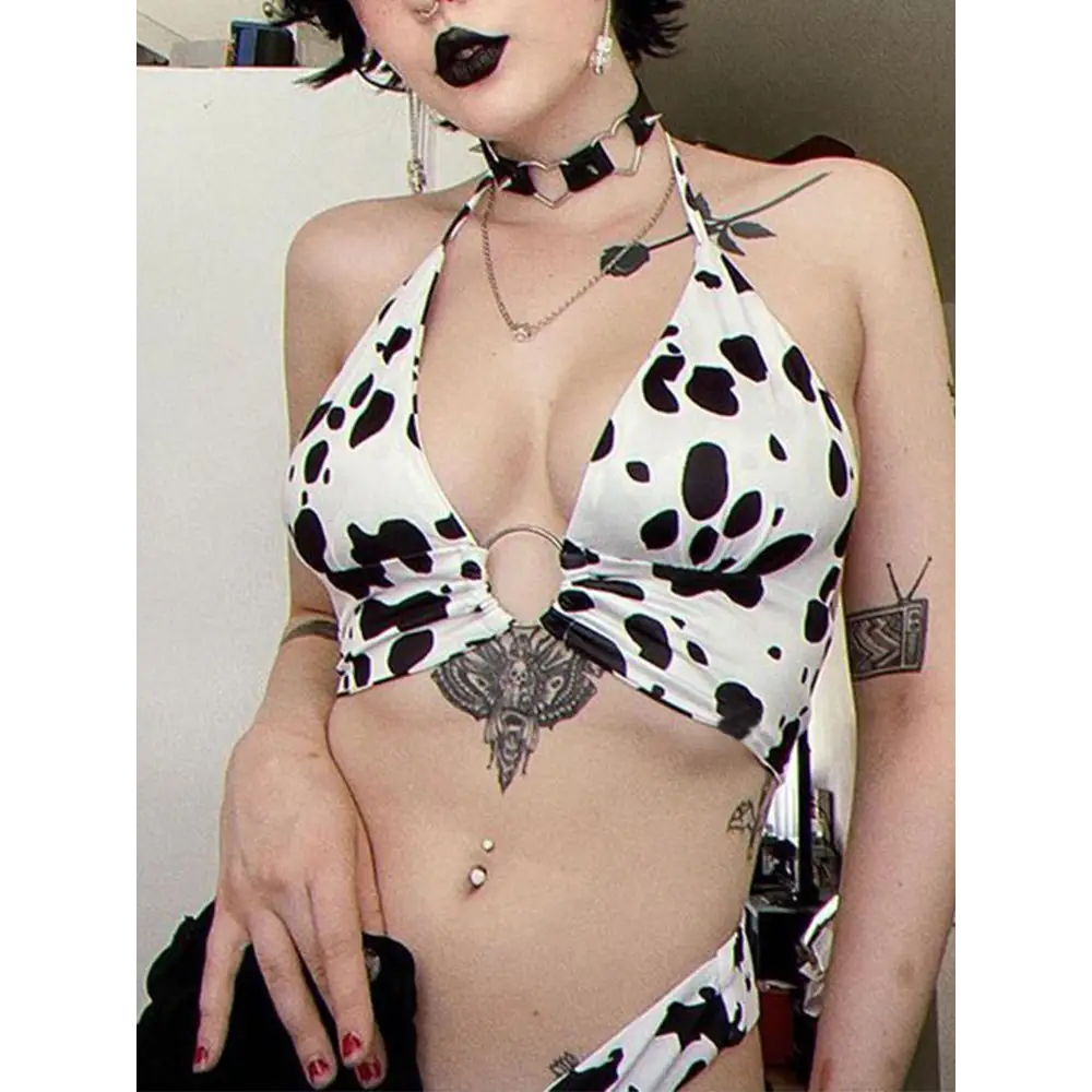 Adorable Cow Print Crop Top with O Ring Design - shirt