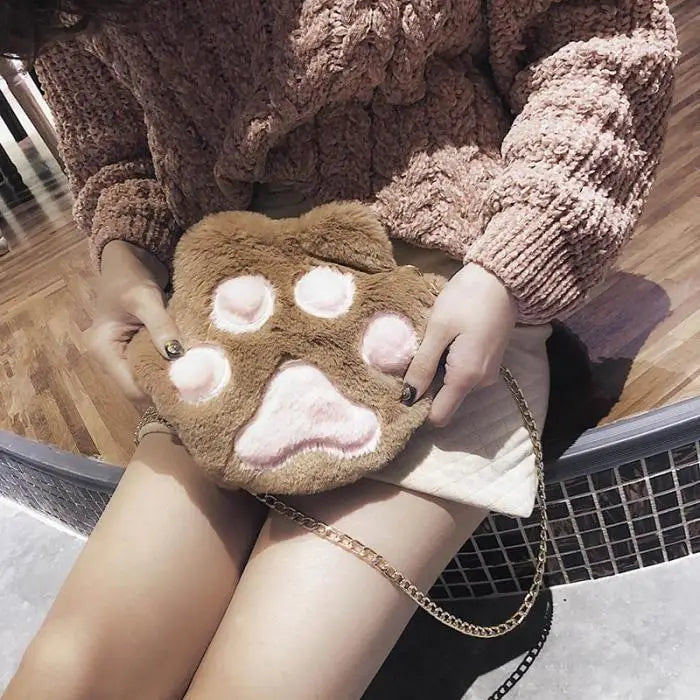 Adorable Furry Kitty Cat Paw Handbag in Vegan Fur - bags