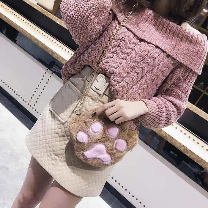 Adorable Furry Kitty Cat Paw Handbag in Vegan Fur - bags