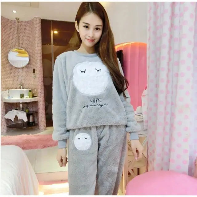 Kawaii Soft Pajama Set Cute Soft Fuzzy Flannel Furry PJS Set