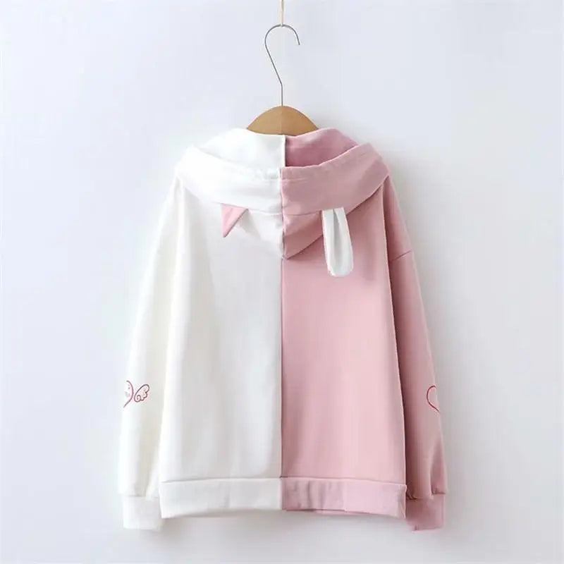 Adorable Kitten and Bunny Half and Half Hoodie in Pastel Shades - hoodie