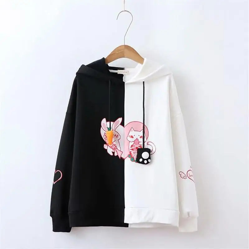 Adorable Kitten and Bunny Half and Half Hoodie in Pastel Shades - Black / White - hoodie