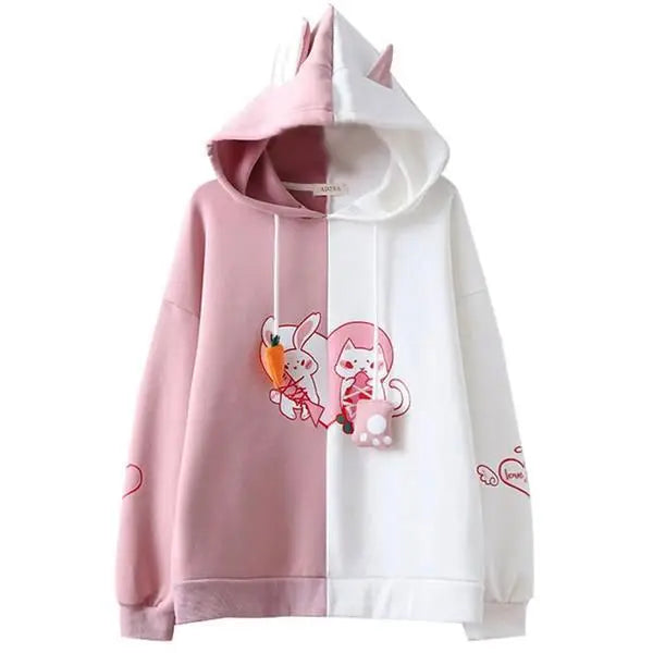 Adorable Kitten and Bunny Half and Half Hoodie in Pastel Shades - Pink / White - hoodie