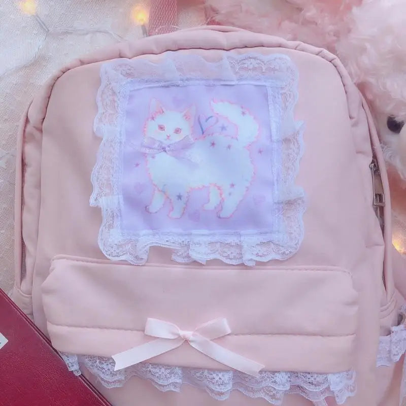 Adorable Kitten Fairy-Kei Backpack with Ribbons and Lace Trim - backpack