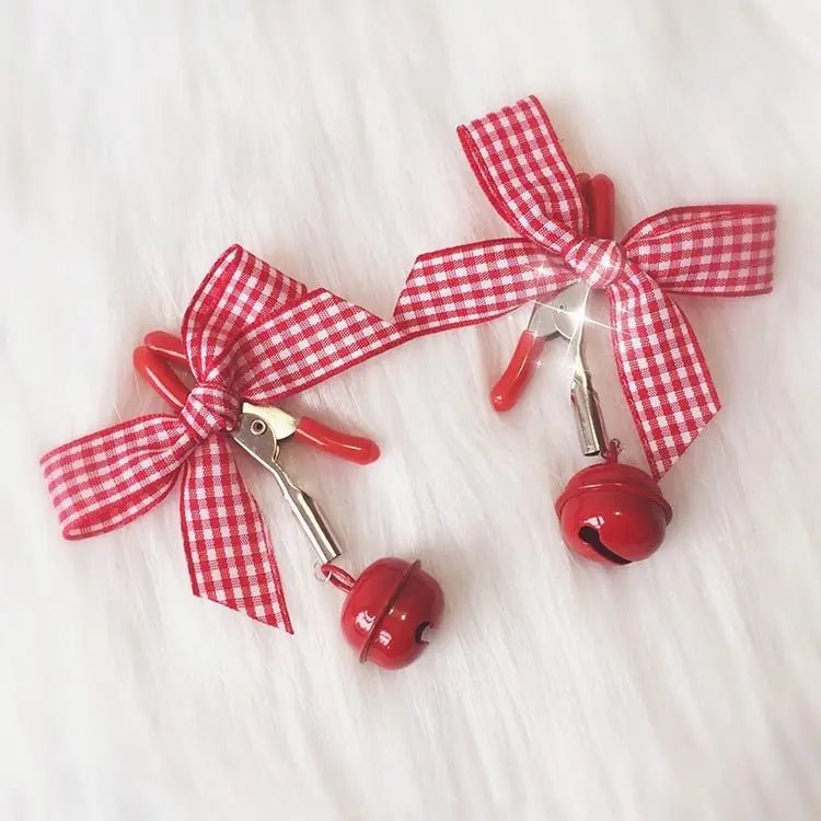 Adorable Nipple Clamps with Jingly Bells and Plaid Ribbons - Cosparty