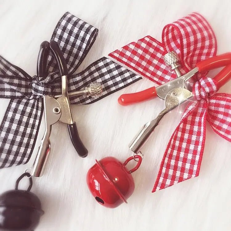 Adorable Nipple Clamps with Jingly Bells and Plaid Ribbons - Cosparty