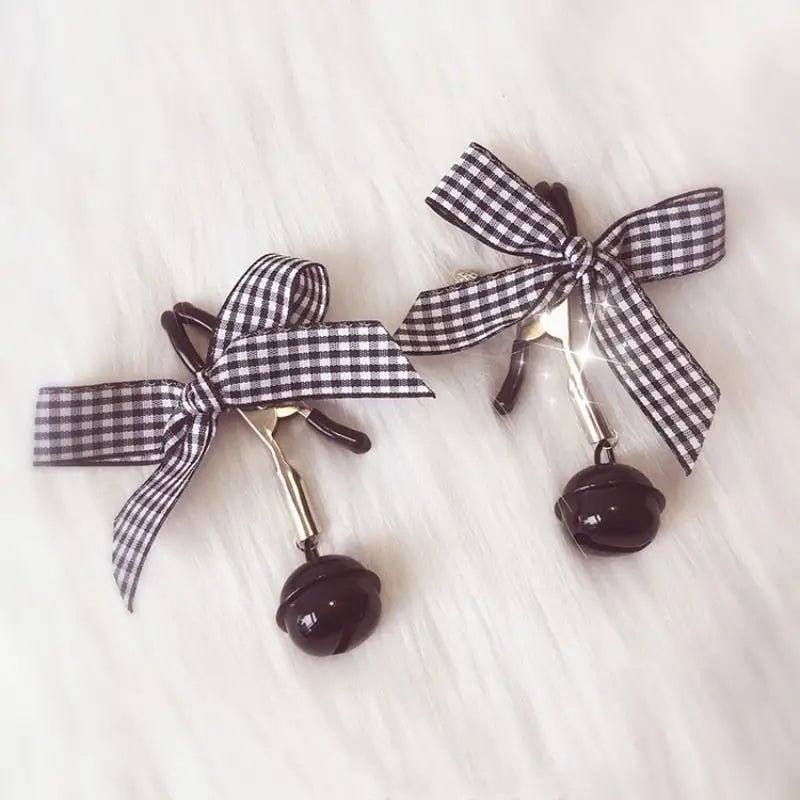 Adorable Nipple Clamps with Jingly Bells and Plaid Ribbons - Cosparty