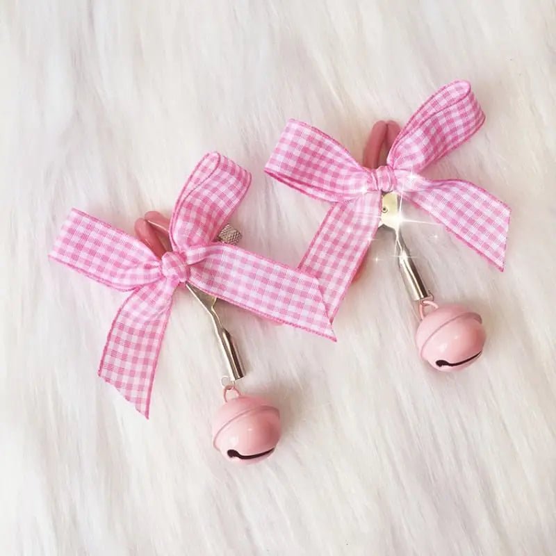 Adorable Nipple Clamps with Jingly Bells and Plaid Ribbons - Cosparty