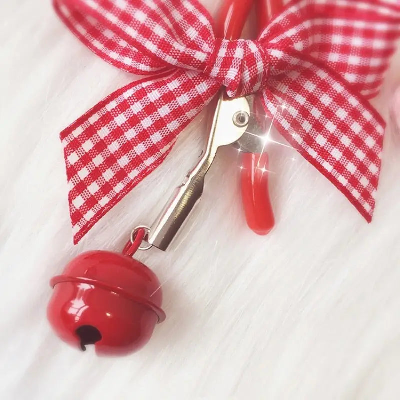 Adorable Nipple Clamps with Jingly Bells and Plaid Ribbons - accessories