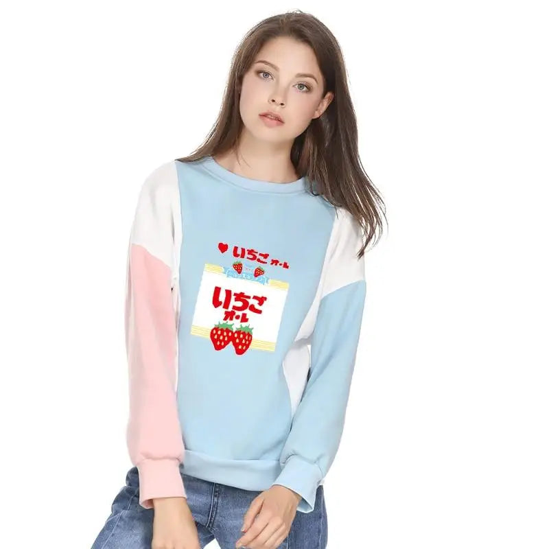 Strawberry Japanese Harajuku Crewneck Patchwork Sweater Sweatshirt Pullover Japan Street Fashion Fairy Kei