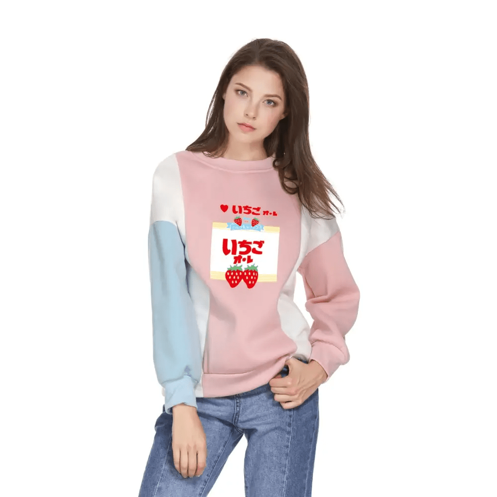 Adorable Strawberry Japanese Pastel Patchwork Crewneck Sweater - Cosparty