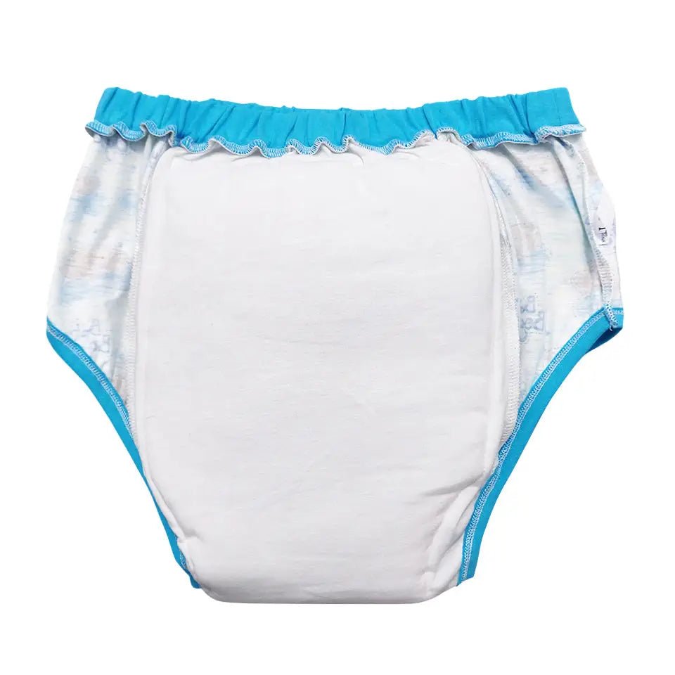 Adult Baby Training Pants with Blue Trim and Cute Baby Boy Design - Cosparty