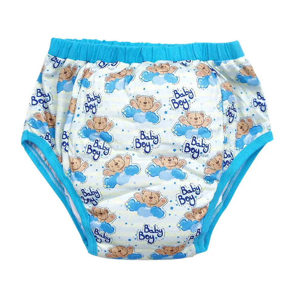 Adult Baby Training Pants with Blue Trim and Cute Baby Boy Design - S - diaper