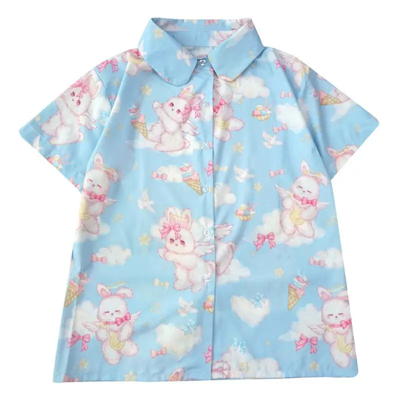 Angel Bunny Button-Up for Ultimate Kawaii Comfort and Irresistible Cuteness - Blue - shirt