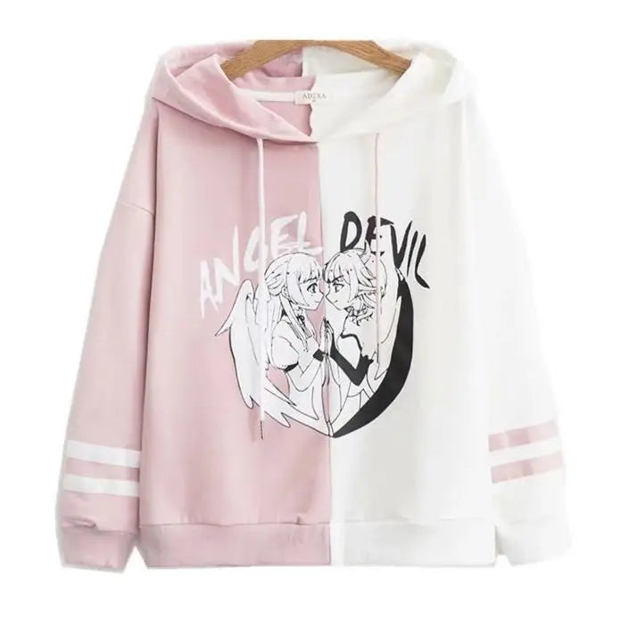 Angel vs Devil Hoodie - Pink & White / L - sweater