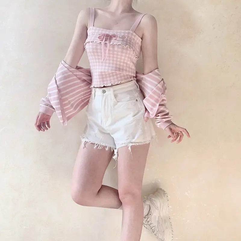 Angelcore Pink Plaid Bow Tank Top with Asymmetrical Rosebud Straps - Shirts & Tops