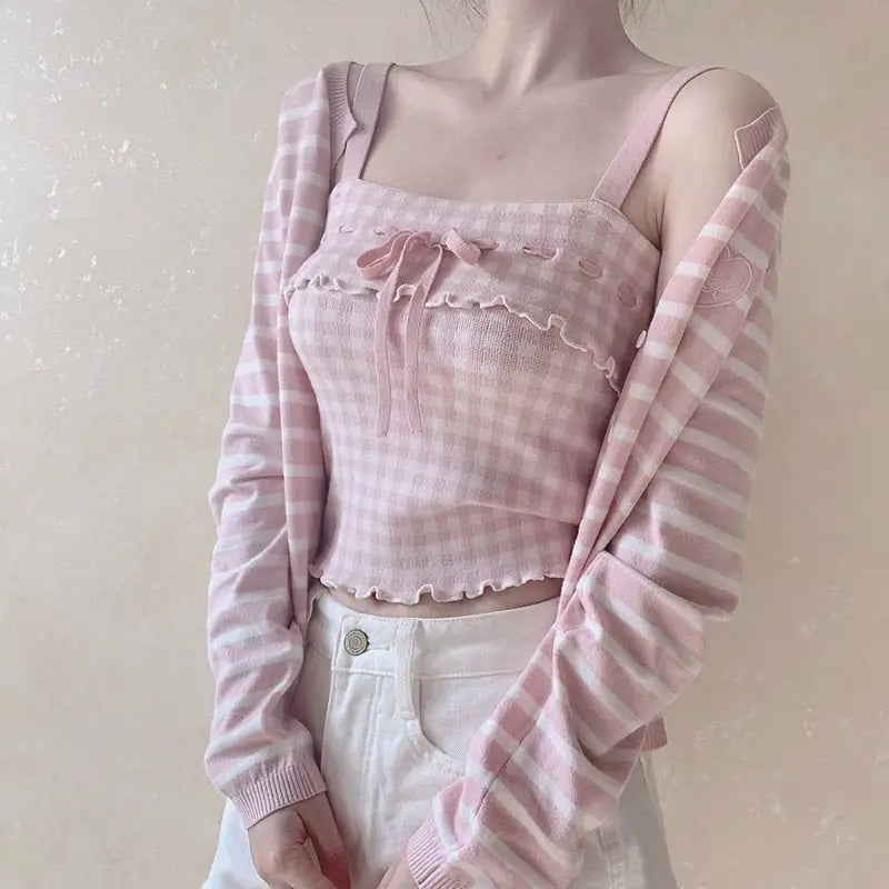 Angelcore Pink Plaid Bow Tank Top with Asymmetrical Rosebud Straps - Shirts & Tops