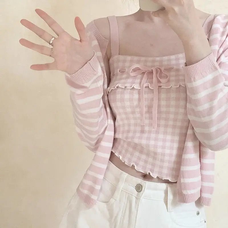 Angelcore Pink Plaid Bow Tank Top with Asymmetrical Rosebud Straps - Cosparty