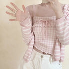 Angelcore Pink Plaid Bow Tank Top with Asymmetrical Rosebud Straps - Cosparty